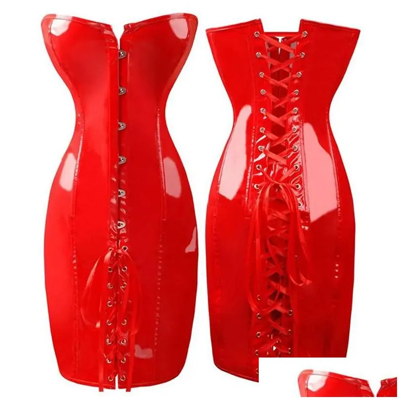 Bustiers & Corsets Women Pu Leather Corset Gothic Y Dress Shiny Pvc Boned Bustier Top Lace Clubwear Corselet Black/Red Drop Delivery Dhwnu