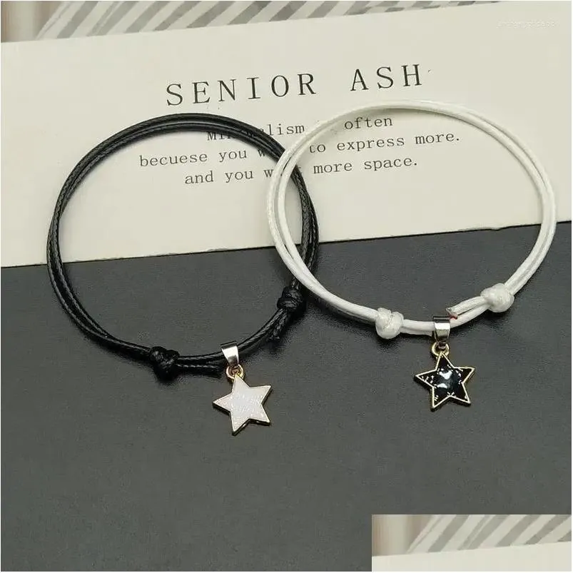 Charm Bracelets 2PCS/SET Couple Bracelet Five-pointed Star Shape Black And White Leather Rope Pendant Men Women Alloy Jewelry Gift