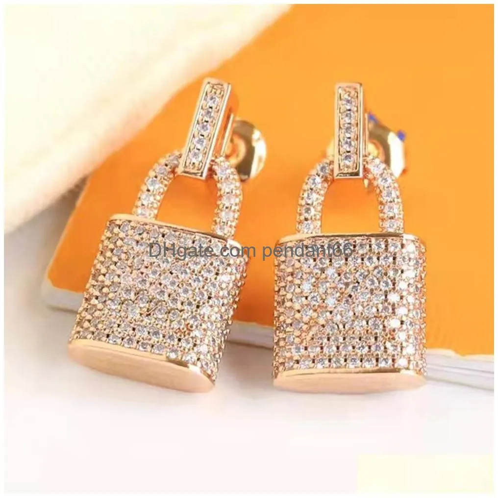 fashion luxury full diamond charm lock crystal earrings for women classic designer stud earrings high quality s925 silver earring