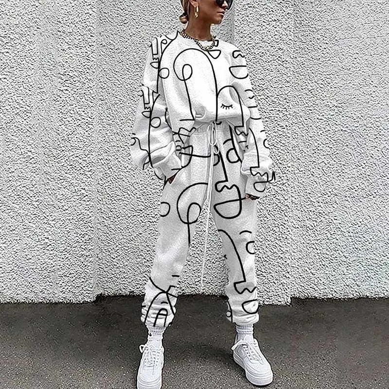 Women`s Two Piece Pants Women Tracksuit Pullovers Cloting Long Sleeve Tie-dye Print Female Tops And Elastic Waist Slim Casual
