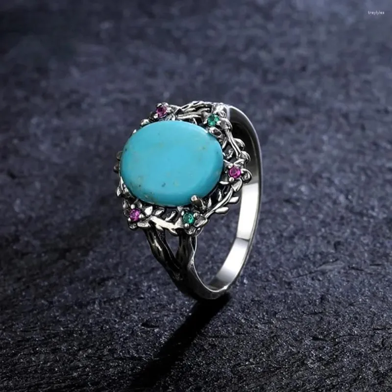 Cluster Rings Oval 9 11MM Natural Turquoise Ring 925 Sterling Silver Zircon For Women Gift Vintage Leaves Flowers Shaped Jewelry