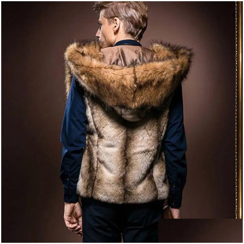 Men`S Vests Fashion Winter Men Hairy Faux Fur Vest Hoodie Hooded Thicken Warm Waistcoats Sleeveless Coat Outerwear Jackets Plus Size D Dhzku