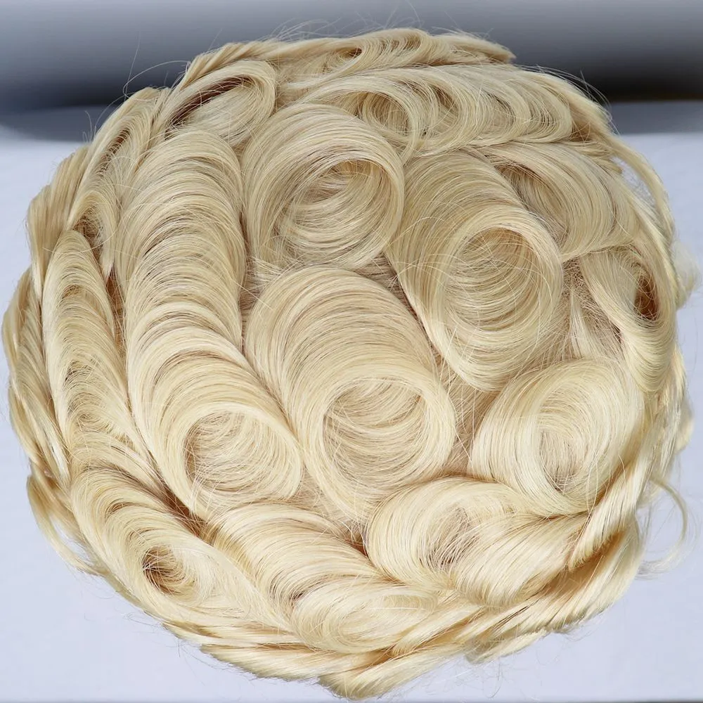 613 Blonde Swiss Lace Men Toupee Human Hair Replacement System Brazilian Remy Hair Men039s Toupee 6 Inch Curly