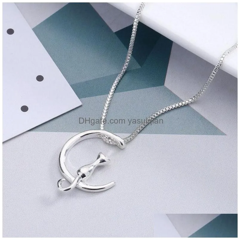 Pendant Necklaces New Cute Cat Moon Shape Necklace For Women Gold Sier Animal Box Chains Fashion Jewelry Gift Drop Delivery Pendants Dhlr1