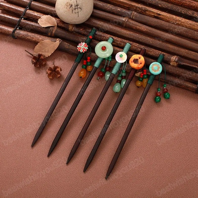 Fashion Vintage Wooden Hair Sticks Long Tassels Flower Hair Forks Chinese Style Handmade Hairpin Retro Bride Hair Accessories