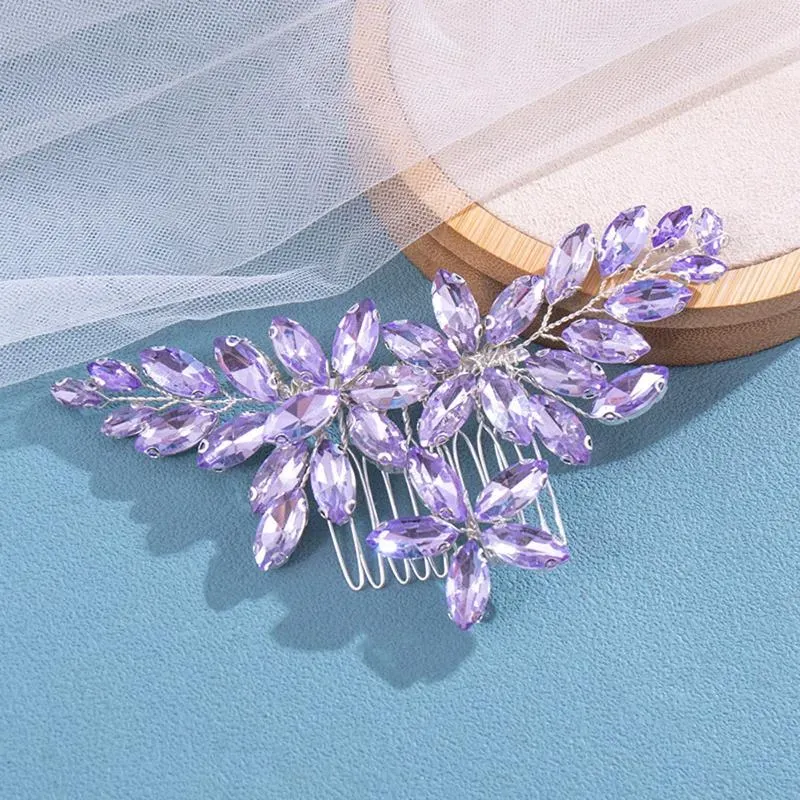 Hair Clips Bride Wedding Combs Purple Rhinestone Designs Silver Plated Metal Headpieces Fairy Crystal Headdress Jewelry For Women