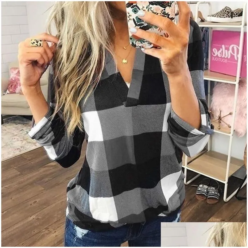 Women`S Blouses & Shirts Vieunsta Y Off Shoder Women Shirt Autumn Plaid Print Long Sleeve Blouse Fashion Plus Size Loose Streetwear T Dhj3T