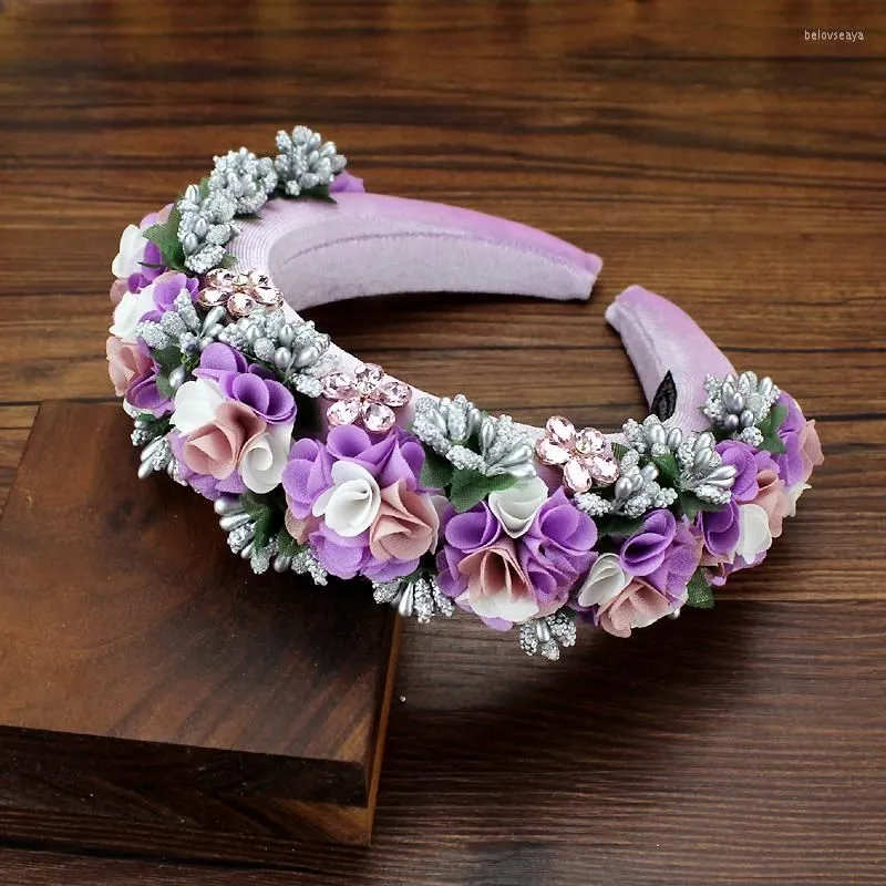 Hair Jewelry Boho Handmade Purple Red Rose Flower Headbands Padded Headdress Crystal Hairbands For Women Wedding Tiara Accessories