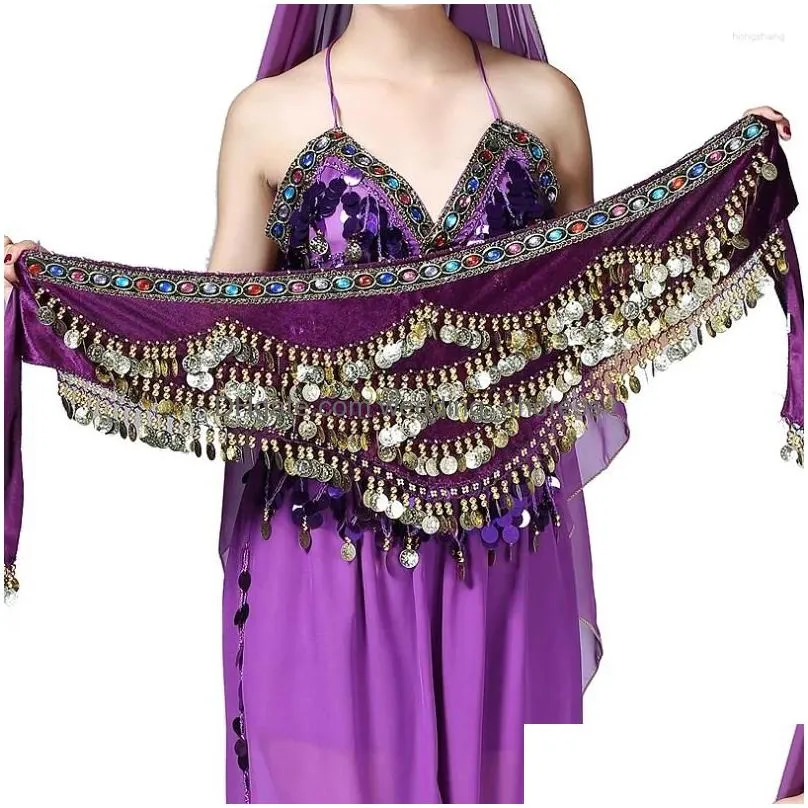 stage wear ladys belly dance hip scarf skirt accessories with wave gold coins egyptian dancing velvet wrap belt