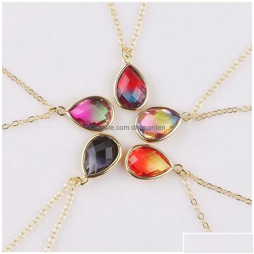 Pendant Necklaces Rainbow Gradient Color Teardrop Glass Crystal Pendant Necklaces For Women Gold Plating Adjusable Fashion W Dhgarden