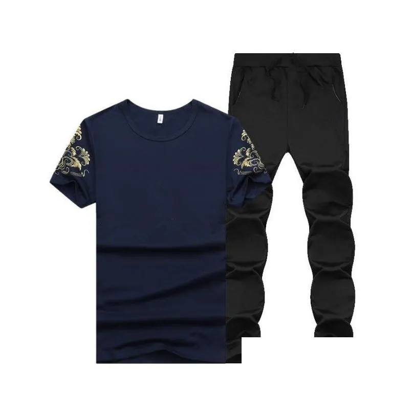 Men`S Tracksuits Summer Men Sport Tracksuit Printed Slim Cool Short Sleeves T-Shirt With Joggers Pants Casual Suit Drop Delivery Appa Dh9Nj