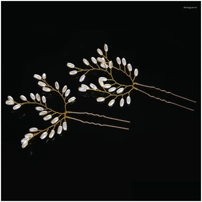 Hair Clips 2pcs/lot Leaf Shape Wedding Sticks Gold Color Alloy Hairwear Stick Crystal Pearl Female Ornaments