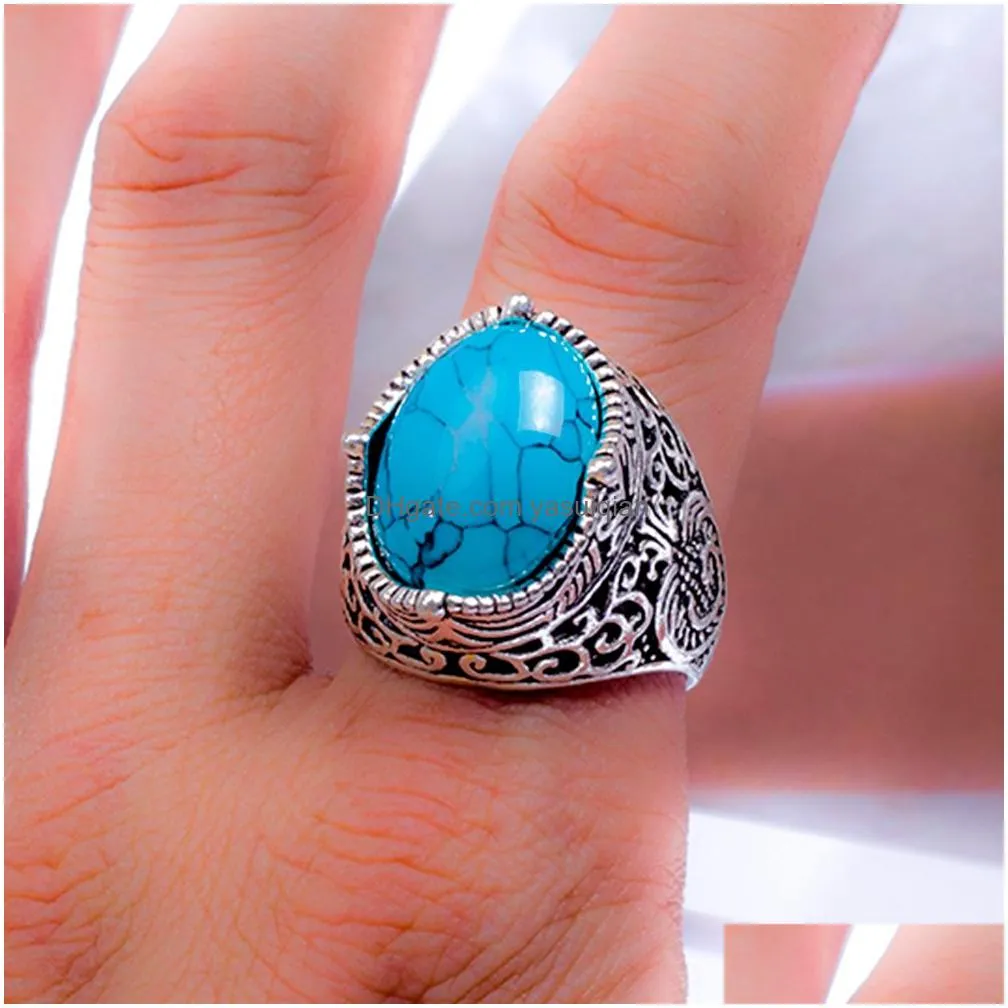 Band Rings 20Pcs/Lot Fashion Retro Bohemian Turquoise Natural Stone Ring For Men Women Trendy Vintage Geometric Jewelry Party Gift Dr Ot6Qa