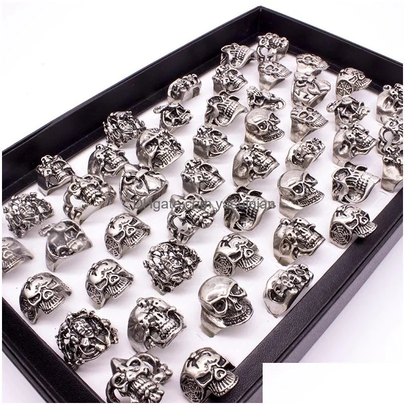 Band Rings 50Pcs Skl Skeleton Gothic Alloy Wholesale Punk Style For Mens Drop Delivery Jewelry Ring Otkp3