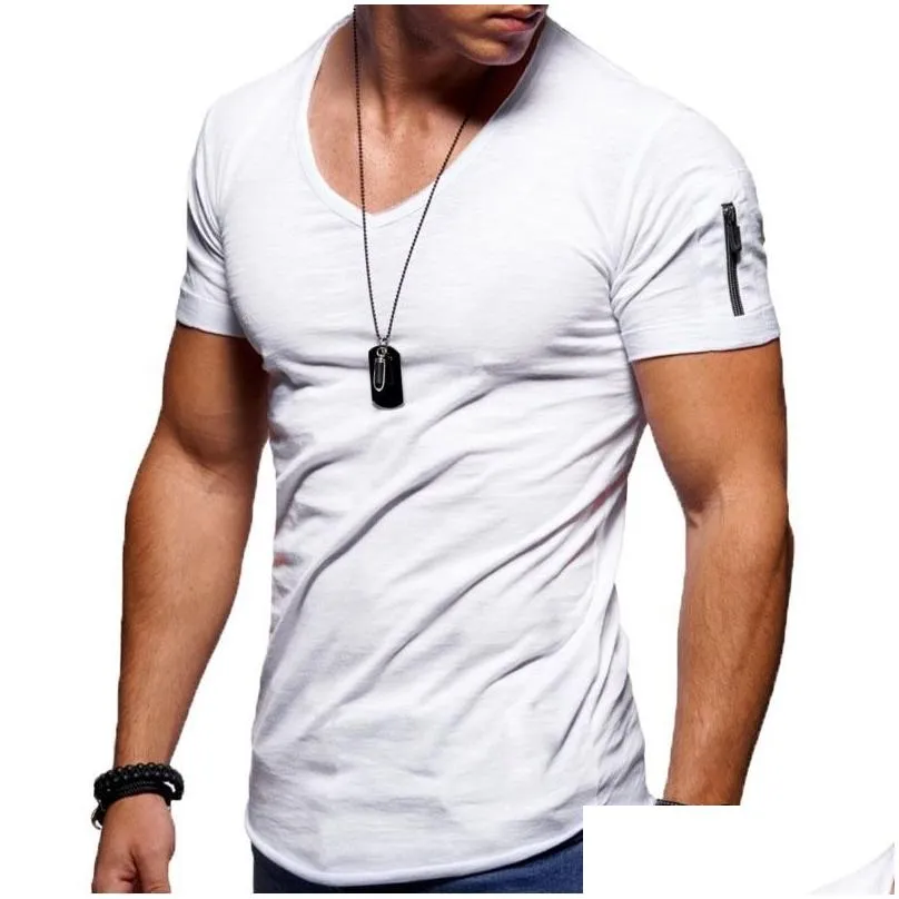 Men`S T-Shirts Mens 9 Colors T Shirts V-Neck Stretch T-Shirt Solid Color Zipper Design Short Sleeve Bottoming Shirt Casual Clothes Dro Dhac0