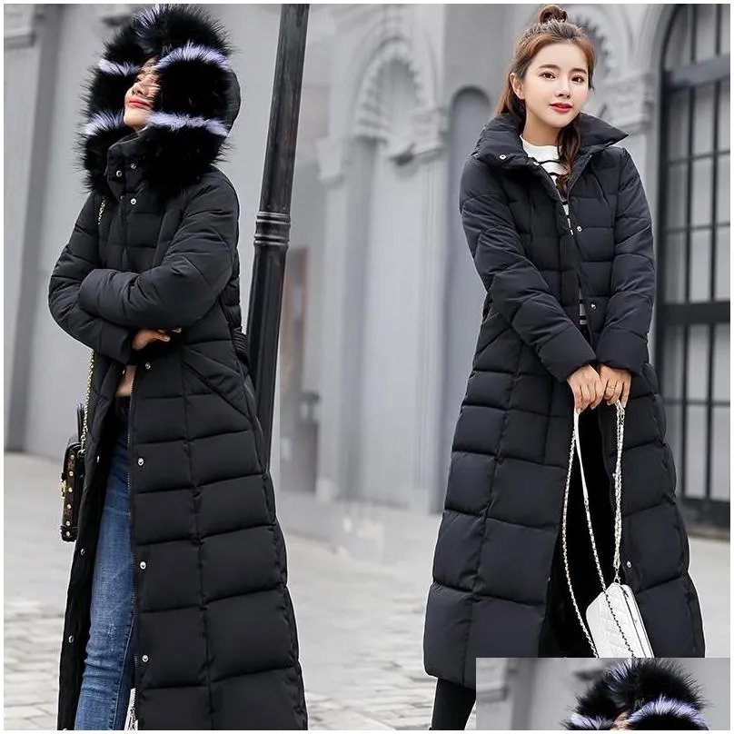 Women`S Down & Parkas Womens 2021 Winter Jacket Warm Fashion Bow Belt Fur Collar Coat Long Drop Delivery Apparel Clothing Outerwear Co Dhqye