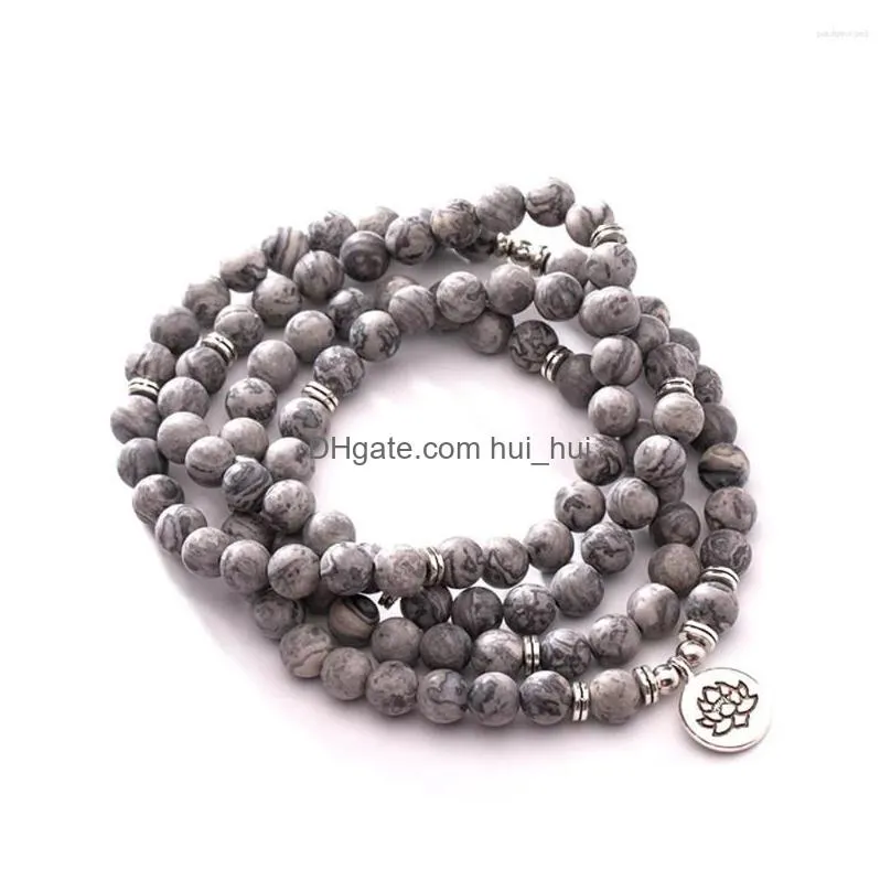 strand 8m natural 108 map stone bracelet yoga lotus charm pendant necklace healing chakra meditation men jewelry dropship