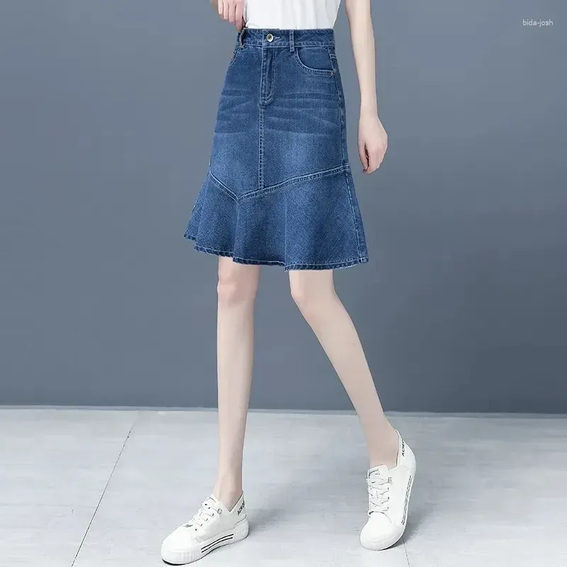 Skirts Denim Skirt For Women Spring Summer High-waisted Ruffle A-line Jeans Ladies Package Hips Fishtail Mini