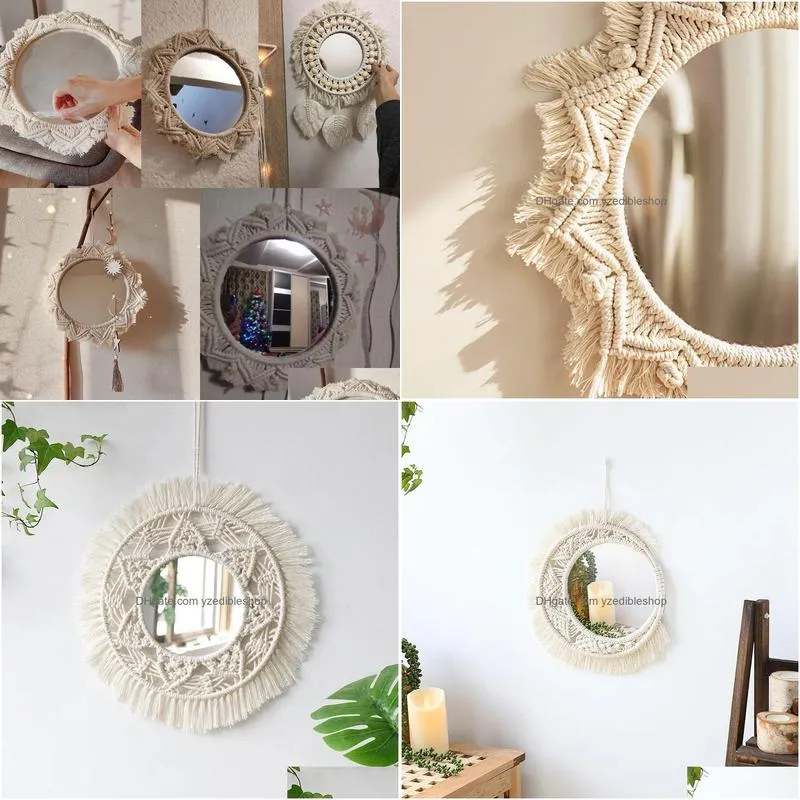 boho macrame round mirror decorative mirrors aesthetic room decor hanging wall mirror for bedroom living room house decoration