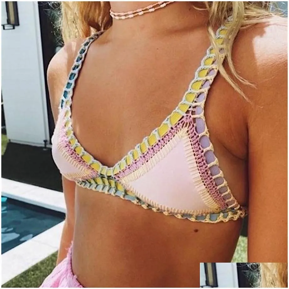 Crochet Swimwear for Female Knitted Swimsuits Neoprene Bikini Beachwear Boho Style Swimsuit Two Pieces Bathng Suits 220226323w217L