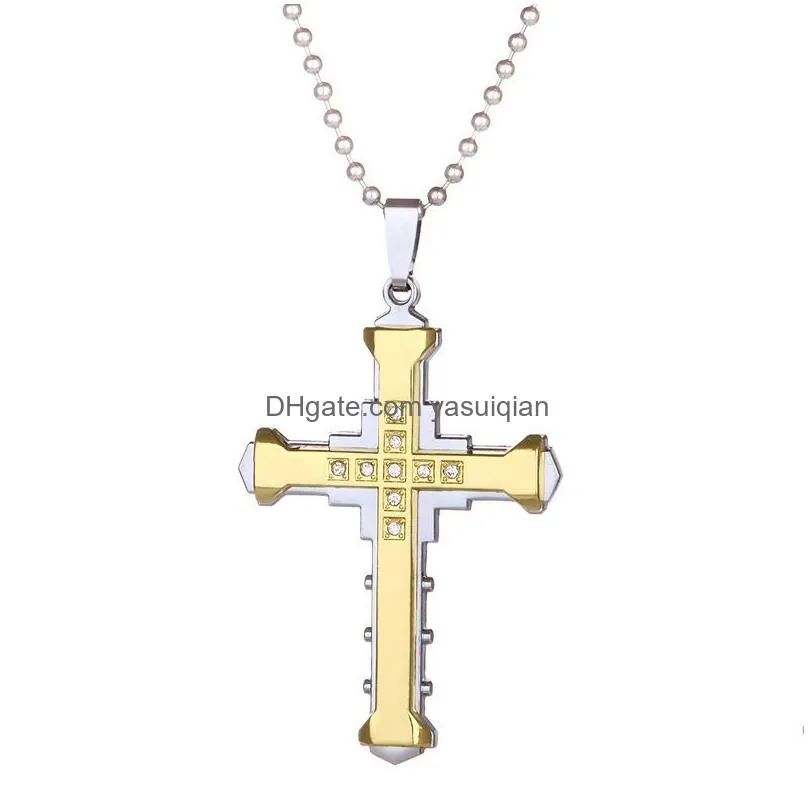 Pendant Necklaces Mens Crystal Cross Necklace For Women Double Layer Stainless Steel Crucifix Jesus Charm Chains Fashion Relin Jewelry Dhgzd