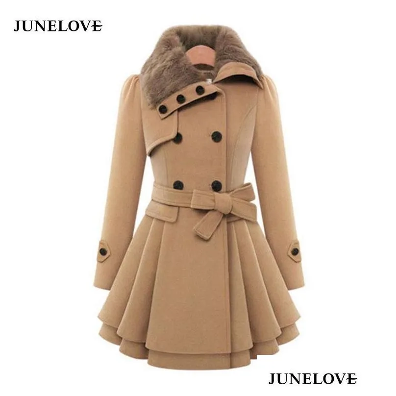 Women`S Wool & Blends Womens Woolen Coat Double Breasted Lapel Long Female Thicken Autumn Winter Slim Belt Pleated Trench Coats Lady F Dh8Hg