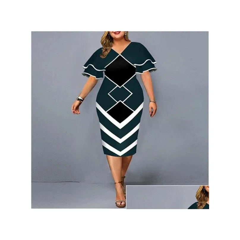 Plus Size Dresses Womens Bodycon Elegant Geometric Print Evening Party Dress Layered Bell Sleeve Casual Club Outfits Drop Delivery Ap Dhxrz