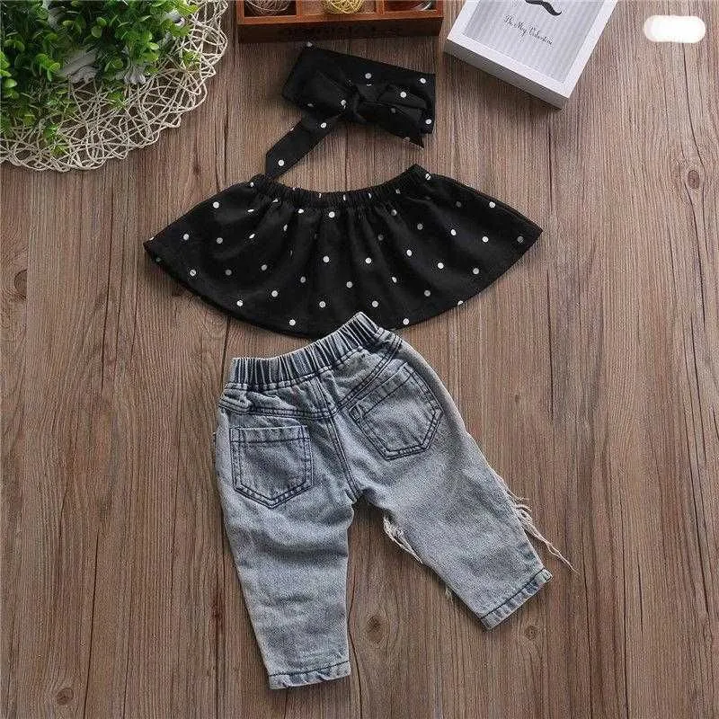 Clothing Sets Baby Girl Clothes Set Polka Dot Tube Top Vest Ripped Denim Pants Jeans Headband 0-3y Born Infant Toddler Summer Fall