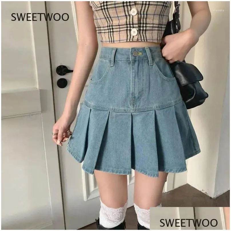 Skirts Casual Denim Mini Skirt Women Summer 2024 High-Waiste Harajuku Y2K Pleated Blue Japanese Korean Style Fashion Clothing