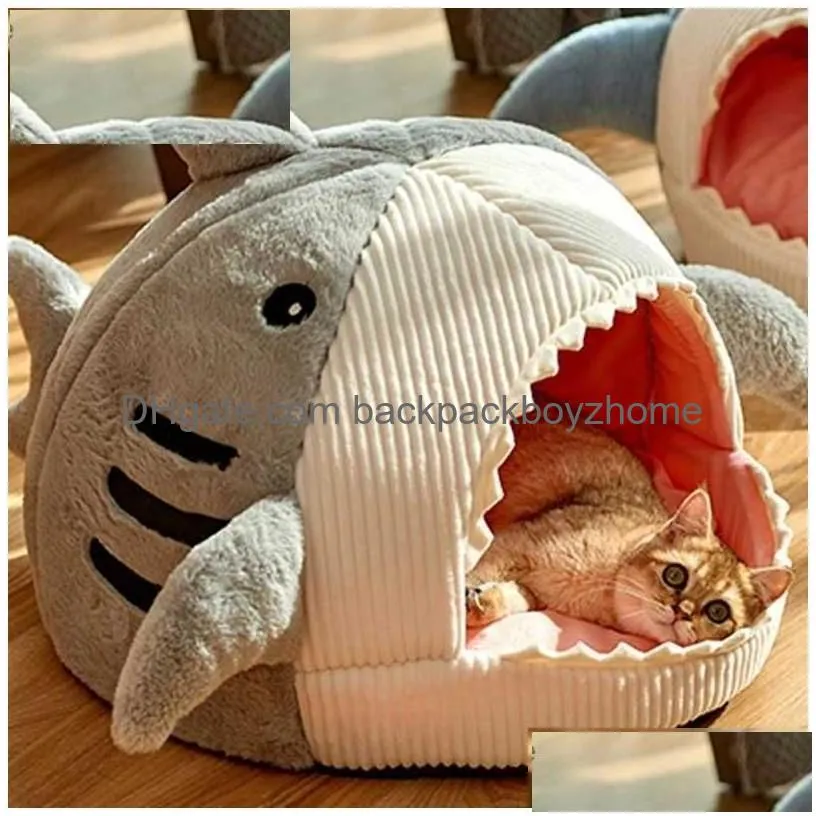 Cat Beds & Furniture Cartoon Shark Shape Cave Bed Pet Tent House Soft Cushion Anti-Slip Bottom Yq231020 Drop Delivery Home Garden Supp Dhrhm