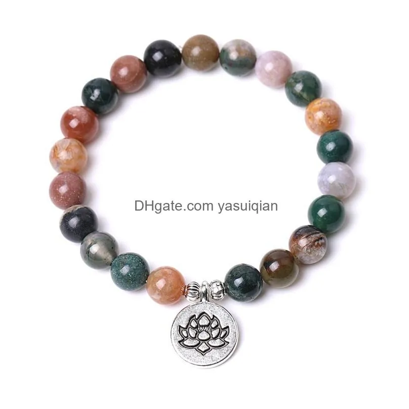 Beaded Natural Stone Indian Agate Rond Bead Bracelets Couple Lotus Christmas Tree Charm Bracelet Women Fashion Jewelry Drop Delivery Otaek