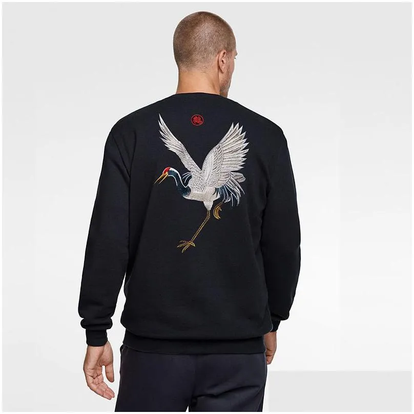 Men`S Hoodies & Sweatshirts Mens Chinese Style Designer Crane Embroidery Black Fleece Plover Pure Cotton Sweater Men And Women Couple Dhl7N
