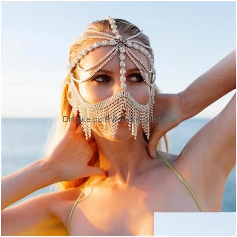 stage wear tassel veil masks women belly dance headwear rhinestone chains face mask masquerade party costume accessories