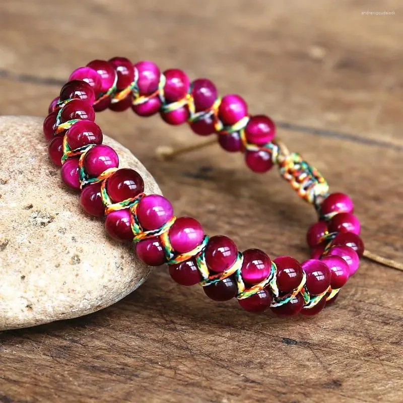 Charm Bracelets 6mm Rose Red Tiger Eye Stone Beads Braided Bracelet Double Layer Women Friendship Strand Handmade Jewelry