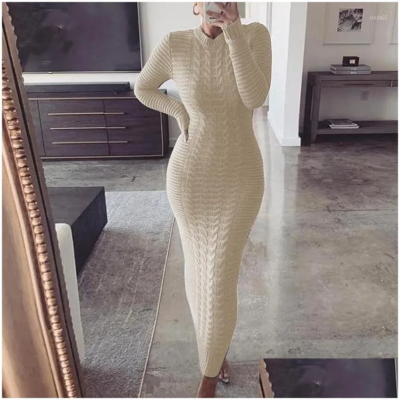 Basic & Casual Dresses Winter Thicken Turtleneck Sweater Maxi Dress Women Lace Up Knitted Long Female Knitwear Soft Vestidos Drop Del Dhhka