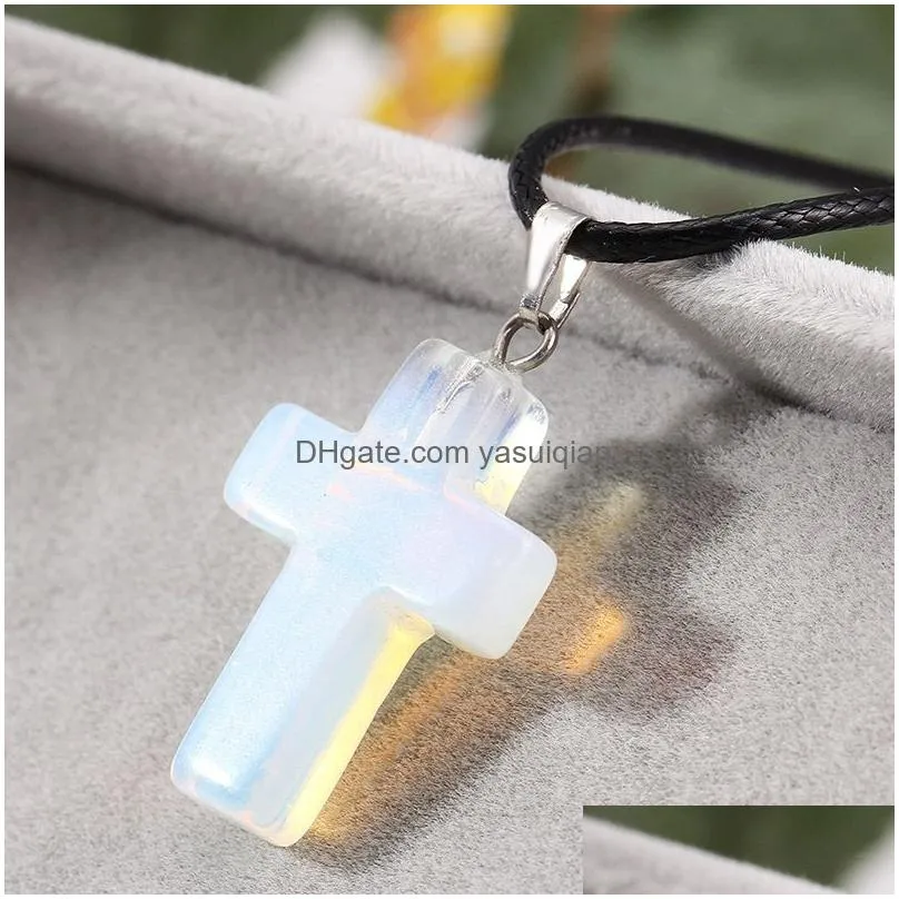 Pendant Necklaces Fashion Christian Cross Necklace For Women Healing Crystal Quartz Chakra Natural Stone Crucifix Leather String Rope Dhir6