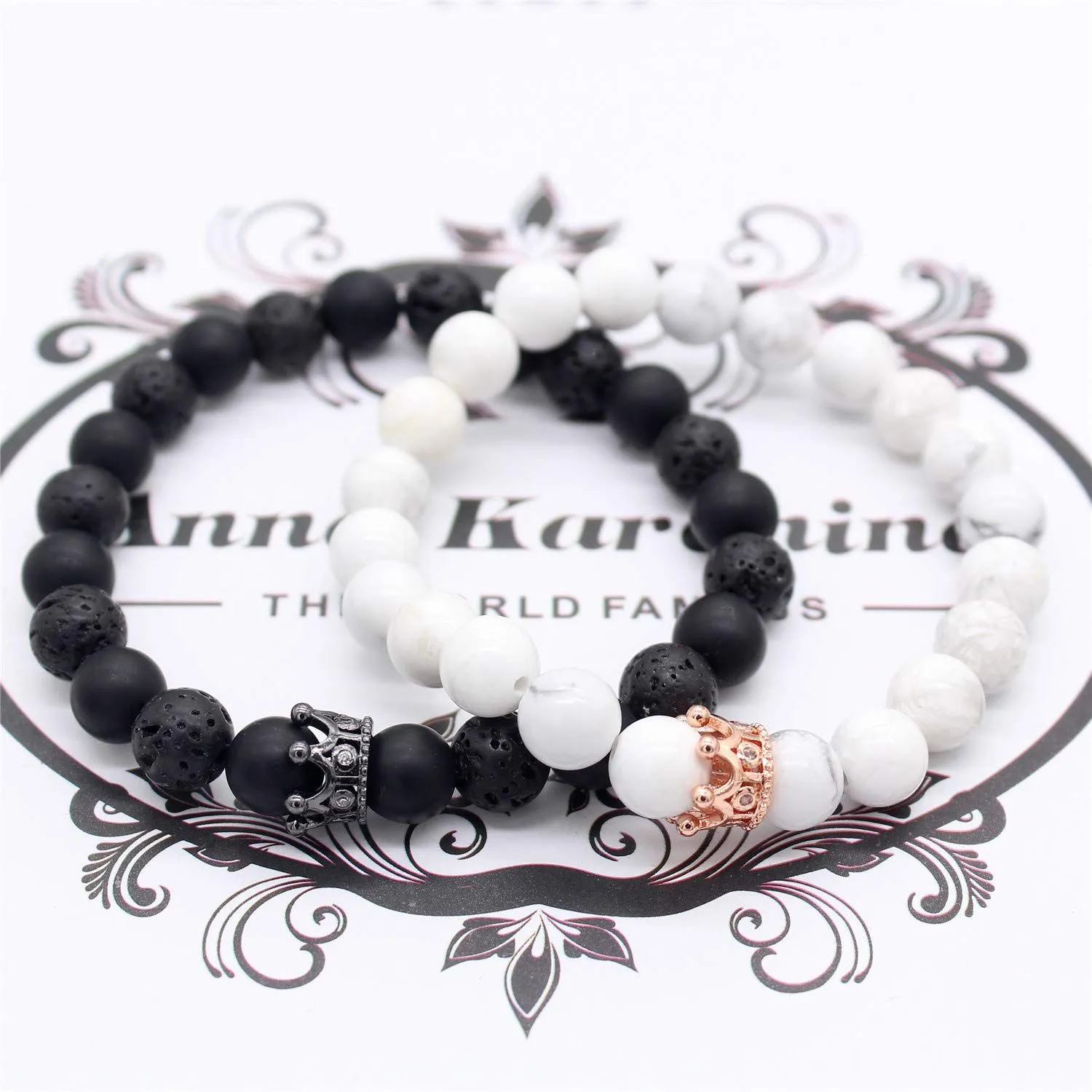 8mm Natural Stone Strands Bracelets CZ Micro Pave Crown King Queen Beads His and Her Couple Bracelet