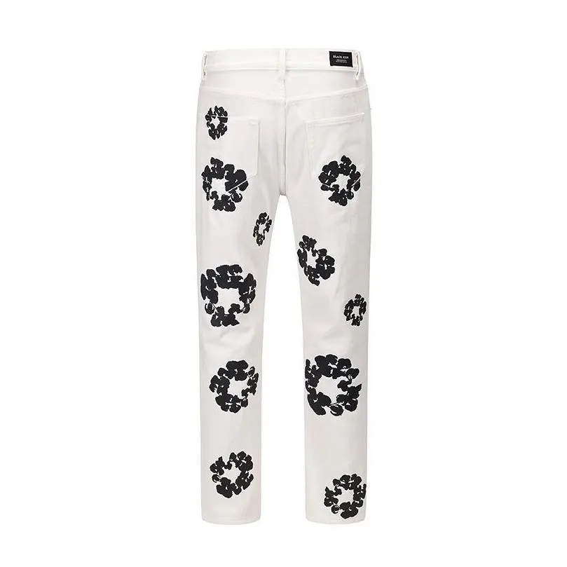 23ss Flower Full Print Jeans Pants Oversized Streetwear Straight Casual Men and Women Denim Trousers