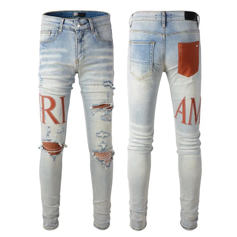 Ripped Stretch Denim Pants Hip Hop Jean Men Vintage Light Blue Leather Patchwork Letter Biker Jean For Motorcycle Slim Skinny