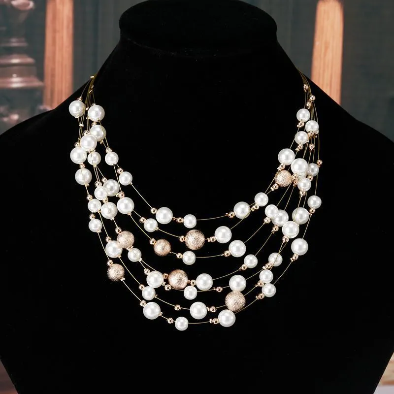 2021 Fashion Jewelry Gold Color Multi Layer Chains Imitation Pearl Necklaces For Women Party Wedding Bride Necklace