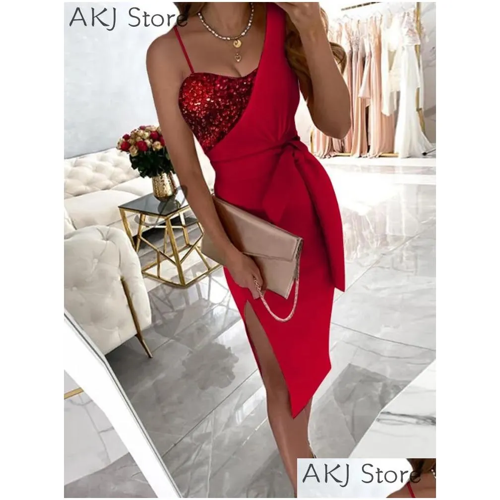 Basic & Casual Dresses Women Asymmetrical Neck Sequin Split Thigh Belted Drop Delivery Apparel Women`S Clothing Dhqmr