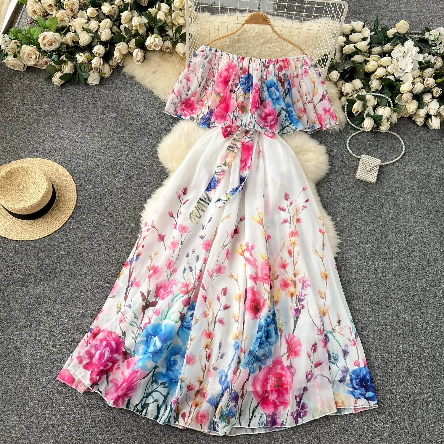 Casual Dresses 2024 Summer Off Shoulder Gorgeous Flower Holiday Chiffon Flowy Dress Women`s Bow Belt Elastic Waist Floral Print Long
