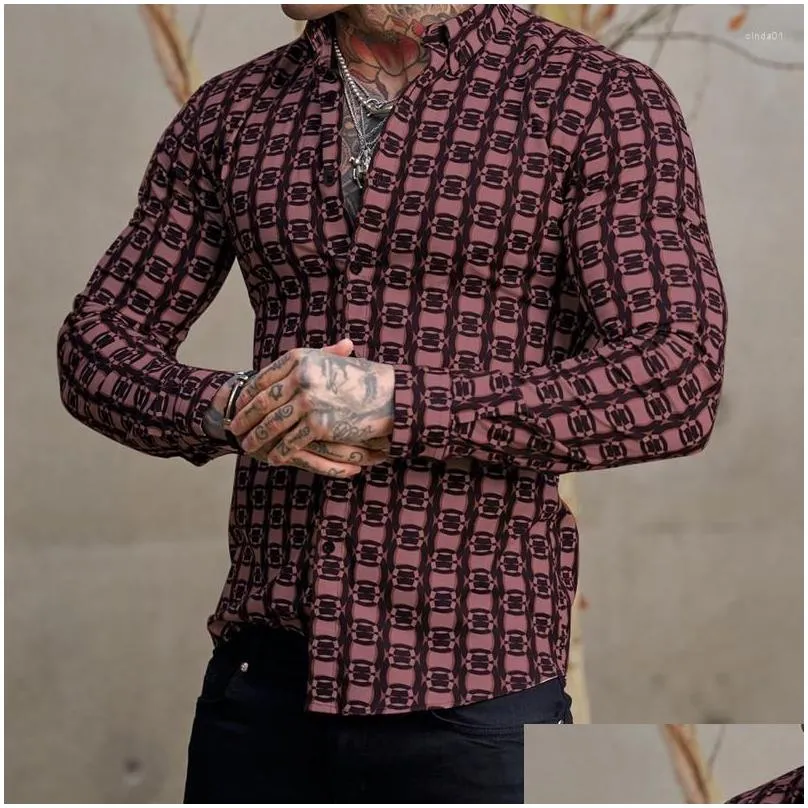 Men`S Casual Shirts Mens Autumn Sports Floral Shirt Outdoor Trend Lapel Long-Sleeved Bottoming Business Drop Delivery Apparel Clothin Dhdju