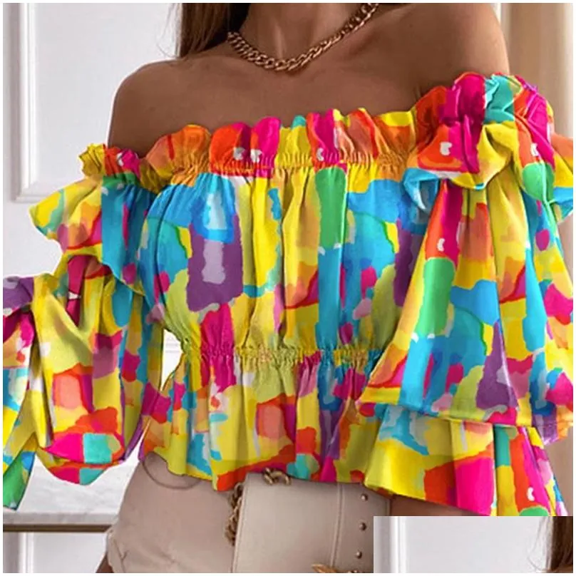 Women`S Blouses & Shirts Womens Women Off Shoder Ruffled Trim Shirring Shirt Female Top Summer Casual Long Sleeve Colorf Tighten Wais Dhbji