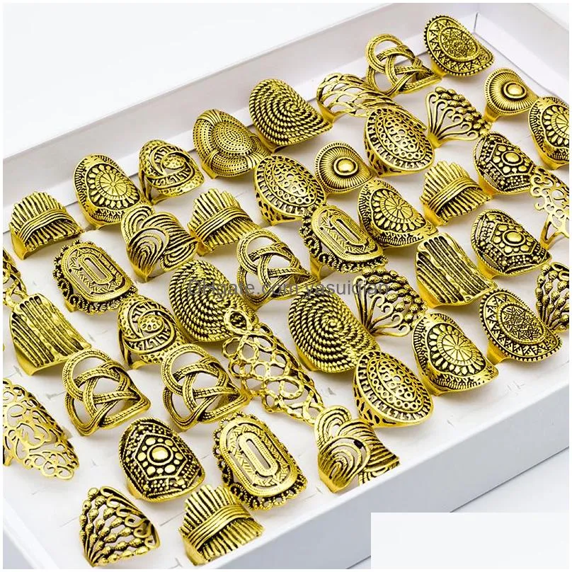 Band Rings 20 Pcs/Lot Vintage Carved Flower Ring Mix Styles Ancient Gold Color Hollows Wholesale Jewelry Drop Delivery Otczj