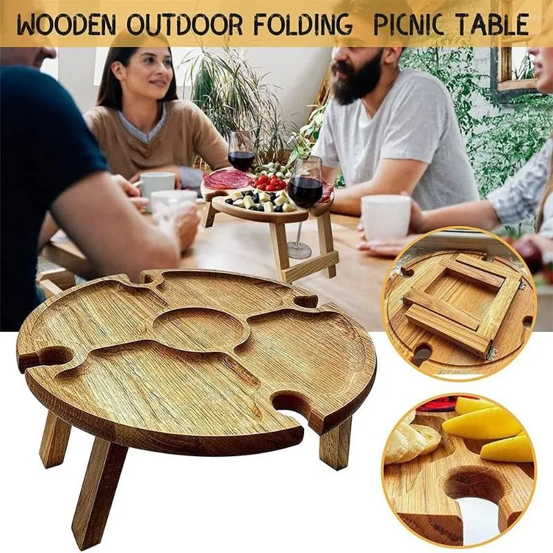 Camp Furniture Wooden Outdoor Folding Picnic Table With Glass Holder Round Foldable Desk Wine Rack Collapsible YS-BUY