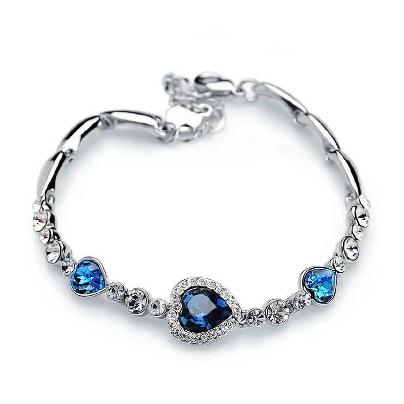 Charm Bracelets Ocean Heart Crystal Rhinestone Bracelet For Women Femme Girl Gift Stainless Steel Chain Bracelets Z0426