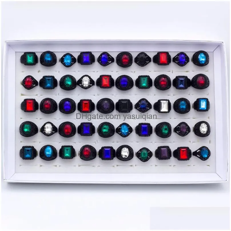 Band Rings Wholesale Bk Lot 20Pcs Glass Gem Metal Black Not Fade Jewelry For Men Women Mix Drop Delivery Ring Otlvh