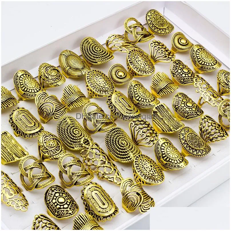 Band Rings 20 Pcs/Lot Vintage Carved Flower Ring Mix Styles Ancient Gold Color Hollows Wholesale Jewelry Drop Delivery Otczj