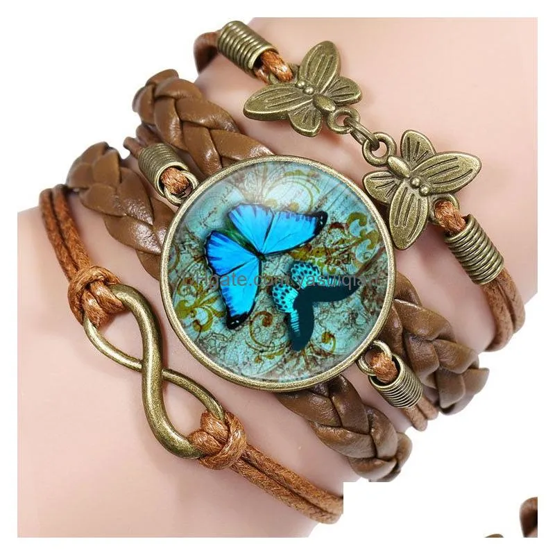 Charm Bracelets Vintage Butterfly Leather For Women Glass Cabochon Animal Weaving Rope Wrap Bangle Fashion Jewelry Gift Drop Delivery Dhlzn
